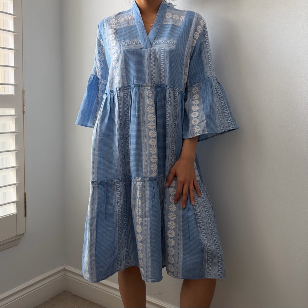 Lemonwood Blue and White Long Sleeve Tiered Dress - Small
